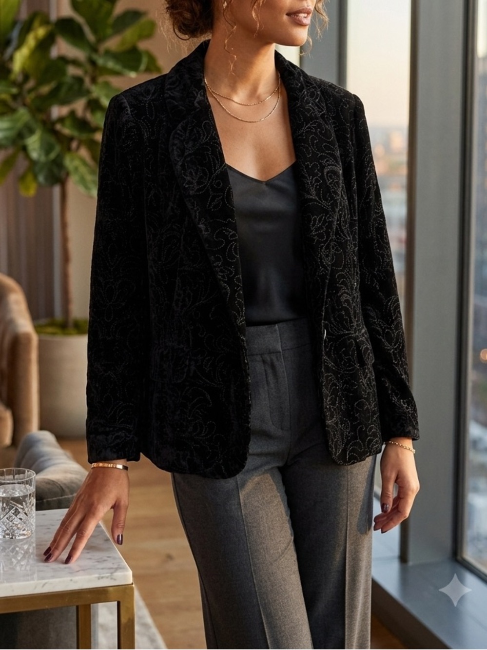 Bandolino Black Velvet Embroidered Blazer Jacket Open Front Plus Size 18W